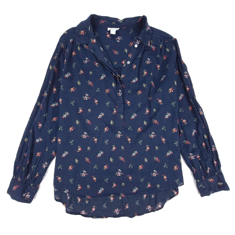 SUNDANCE Cotton Poppy Bloom Shirt Long Sleeve Tunic Boho Medium Navy Floral